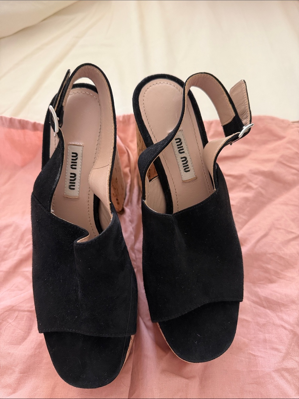 Miu Miu Black Suede Wedge Slingback Sandals